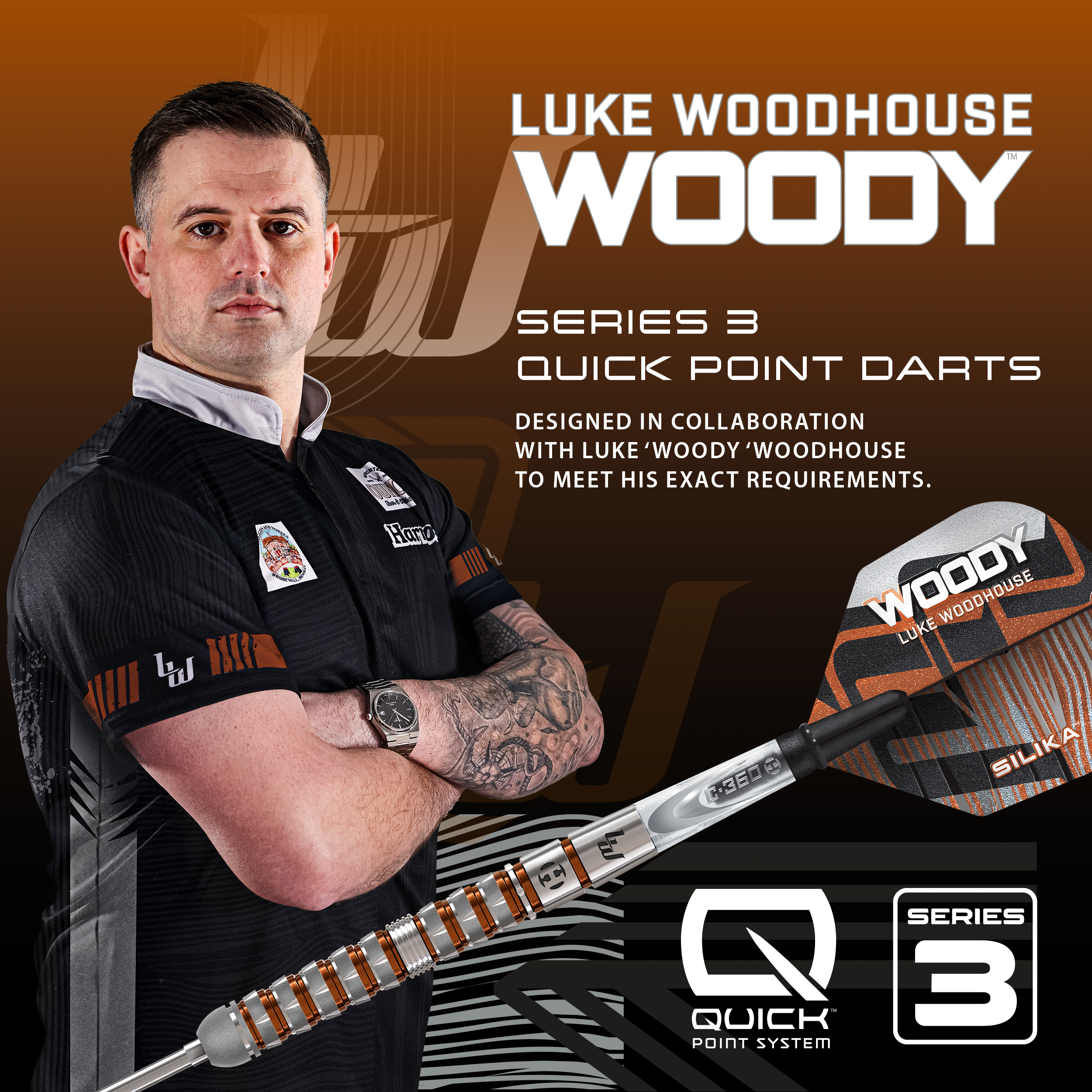 Harrows Luke Woodhouse 90% Series 3 Quick Point dartstikat